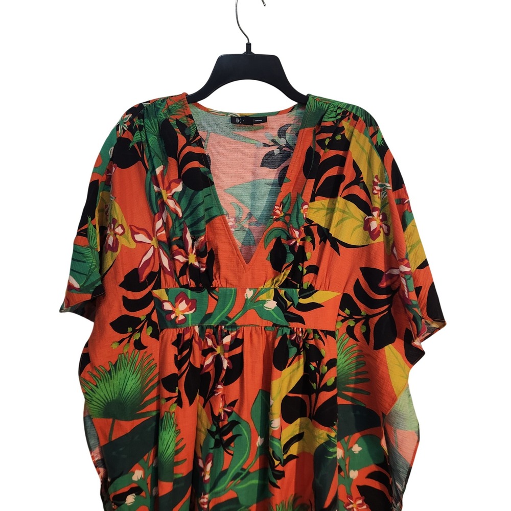 INC International Concepts Womens Orange Tropical Floral V-Neck Kaftan‎ MuuMuu M
